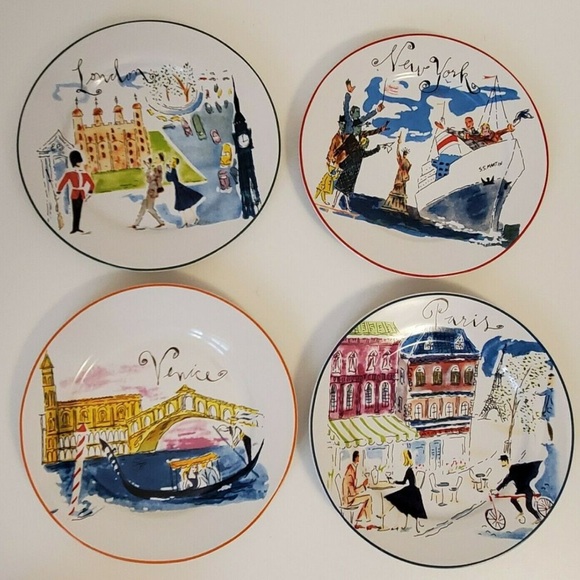 Rosanna Other - Vintage ROSANNA Bon Voyage Set 4 Dessert Plates New York, Paris, London, Venice